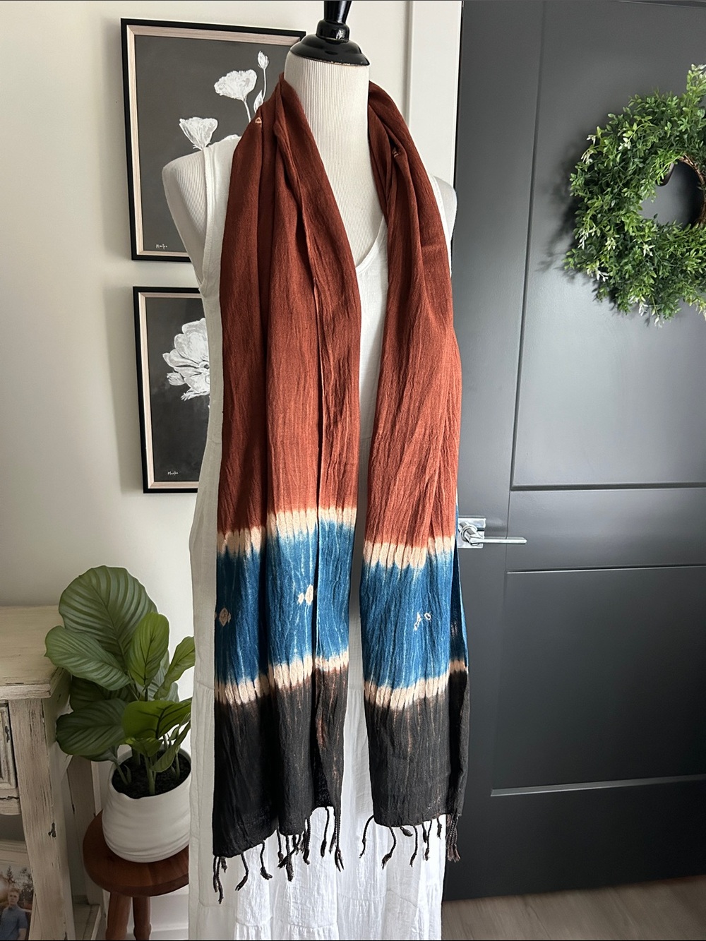 🍁 gorgeous boho Rust and Blue Tie-Dye Cotton Scarf